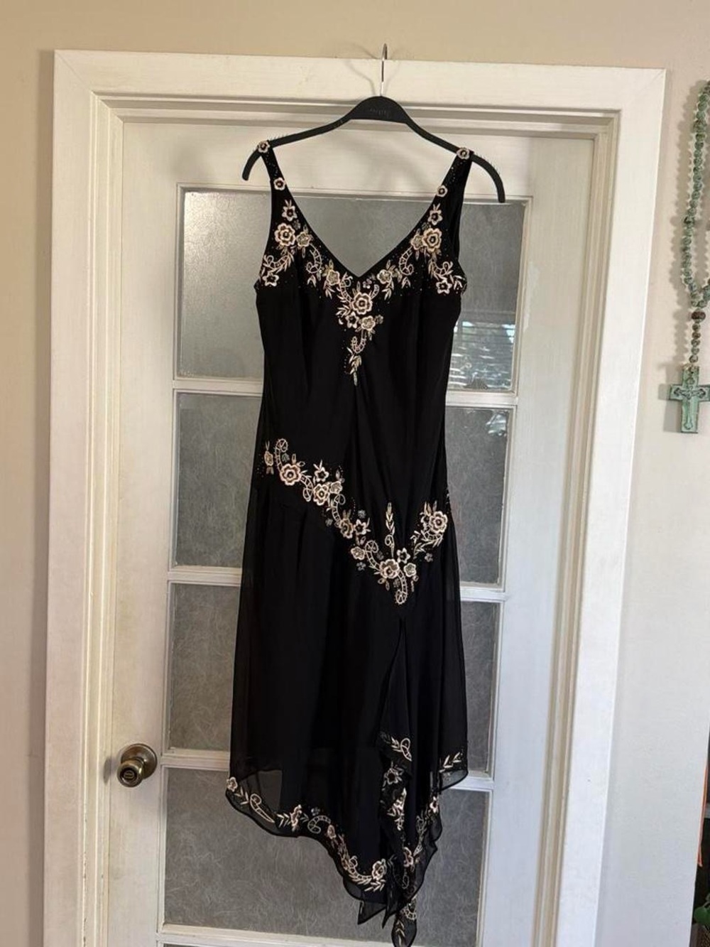 Y2k R&M Richards Black Asymmetrical Dress with Cream Floral Appliqué